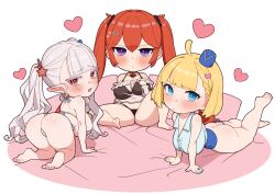 Rule 34 | 3girls, absurdres, all fours, ass, barefoot, bikini, blonde hair, blush, breasts, chibi, closed mouth, draculina (last origin), fang, frills, garrison cap, grey hair, griffon (last origin), hair ornament, hairclip, hat, heart, heart hair ornament, highres, large breasts, last origin, long hair, looking at viewer, lying, may of doom, miman (hasutaro stream), multiple girls, official alternate costume, on back, parted lips, plump, pointy ears, purple eyes, red eyes, red hair, shirt, short hair, simple background, sleeveless, sleeveless shirt, star (symbol), star hair ornament, swimsuit, take your pick, thick thighs, thighs, twintails, very long hair, white background