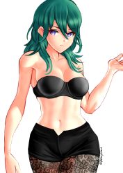 Rule 34 | &gt;:(, 1girl, aqua hair, bare arms, bare legs, bare shoulders, black bra, black panties, black shorts, blue eyes, bra, breasts, byleth (female) (fire emblem), byleth (fire emblem), cleavage, closed mouth, collarbone, female focus, fire emblem, fire emblem: three houses, hair between eyes, hand up, highres, large breasts, legs, long hair, looking at viewer, midriff, navel, neck, nintendo, panties, pantyhose, purple eyes, serious, shorts, simple background, solo, standing, strapless, strapless bra, twitter username, underwear, white background