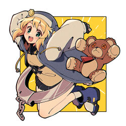 Rule 34 | 1boy, :d, androgyne symbol, black gloves, blonde hair, blush, bridget (guilty gear), clip studio paint (medium), cuffs, fingerless gloves, gloves, guilty gear, guilty gear strive, habit, handcuffs, hood, hood up, hooded jacket, hoodie, itsuka neru, jacket, jumping, looking at viewer, male focus, medium hair, midair, open clothes, open hoodie, open mouth, roger (guilty gear), simple background, smile, solo, stuffed animal, stuffed toy, teddy bear, trap, white background, yellow background