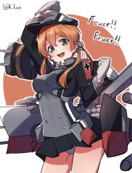 Rule 34 | 1girl, anchor hair ornament, black skirt, blonde hair, commentary request, cowboy shot, cross, german text, gloves, green eyes, grey gloves, hair ornament, hat, highres, iron cross, kagari liroi, kantai collection, long hair, low twintails, machinery, microskirt, military, military hat, military uniform, one-hour drawing challenge, open mouth, oval, panties, pantyshot, peaked cap, pleated skirt, prinz eugen (kancolle), skirt, solo, teeth, translated, twintails, twitter username, two-tone background, underwear, uniform, upper teeth only, white background, white panties