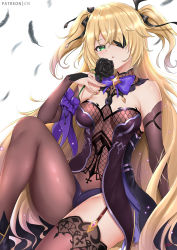 Rule 34 | 1girl, bare shoulders, black feathers, black flower, black rose, blonde hair, blush, bodystocking, bow, breasts, chuunibyou, cyicheng, eyepatch, feathers, fischl (genshin impact), flower, garter straps, genshin impact, gloves, green eyes, hair over one eye, knee up, long hair, looking at viewer, medium breasts, parted lips, purple bow, purple neckwear, rose, single glove, single leg pantyhose, single thighhigh, sitting, solo, thighhighs, thighs, two side up