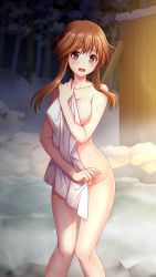 Rule 34 | 1girl, blush, breasts, brown hair, collarbone, covering privates, doukyuusei another world, embarrassed, game cg, groin, hair between eyes, kakyuusei, long hair, looking at viewer, medium breasts, minamizato ai, night, nude cover, official art, onsen, open mouth, outdoors, red eyes, sidelocks, solo, thigh gap, towel, wavy mouth, white towel