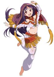 Rule 34 | 1girl, arms up, barefoot, feet, full body, harem outfit, harem pants, leg up, long hair, long sleeves, looking at viewer, navel, official art, open mouth, pants, purple hair, red eyes, round teeth, sleeve cuffs, solo, sword art online, teeth, toes, transparent background, veil, yuuki (sao)
