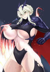Rule 34 | 1girl, absurdres, artoria pendragon (fate), artoria pendragon (lancer alter) (fate), braid, breast slip, breasts, cape, clothing request, commission, fate/grand order, fate (series), gauntlets, grey hair, highres, large breasts, medium hair, navel, nipples, no bra, pixiv commission, shoulder pads, sidelocks, signature, solo, standing, sweat, torn clothes, uchujin 416, underboob, yellow eyes