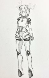 Rule 34 | 1girl, blush, closed mouth, cyborg, expressionless, greyscale, highres, looking at viewer, mashimashi, monochrome, original, short hair, solo, standing, traditional media