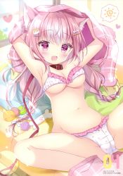 Rule 34 | 1girl, absurdres, animal ears, arms up, blush, bra, braid, breasts, cameltoe, cat ears, cat girl, cleavage, fang, female focus, groin, hair ornament, hairclip, highres, looking at viewer, medium breasts, midriff, navel, panties, picpicgram, pink eyes, pink hair, smile, solo, stomach, tagme, thighs, underwear, undressing, white bra, white panties