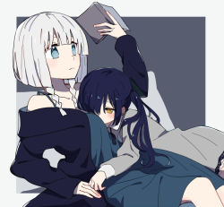 Rule 34 | 2girls, black background, black jacket, blue dress, blue eyes, blue hair, book, border, closed mouth, collarbone, commentary request, dress, grey border, grey dress, hair over one eye, hand up, head on chest, holding, holding book, jacket, long hair, long sleeves, multiple girls, one eye covered, original, reading, short hair with long locks, sleeveless, sleeveless dress, sleeves past wrists, sou (tuhut), spaghetti strap, twintails, white hair, yellow eyes, yuri