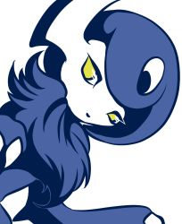 Rule 34 | absol, alternate color, blue theme, creatures (company), game freak, gen 3 pokemon, half-closed eyes, looking at viewer, monochrome, muguet, nintendo, no humans, no mouth, pokemon, pokemon (creature), simple background, solo, white background, yellow eyes