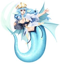 Rule 34 | 1girl, barbariank, blue hair, bow, braid, breasts, center opening, cleavage, fins, full body, hair bow, hat, head fins, highres, kneeless mermaid, large breasts, long hair, looking to the side, md5 mismatch, mermaid, midriff, monster girl, monster girl encyclopedia, navel, open mouth, outstretched arm, red eyes, sea bishop, solo, stone tablet, transparent background, twin braids