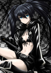 Rule 34 | 10s, 1girl, belt, bikini, bikini top only, black bikini, black hair, black rock shooter, black rock shooter (character), blue eyes, boots, chain, female focus, isse, navel, scar, shorts, solo, swimsuit, sword, twintails, weapon
