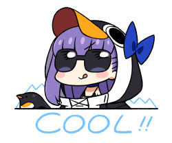 Rule 34 | 1girl, animal hood, bare shoulders, black jacket, blue bow, blue choker, blush, bow, breasts, chan co, chibi, choker, closed mouth, collarbone, fate/grand order, fate (series), hair between eyes, hood, hood up, jacket, licking lips, long hair, long sleeves, looking at viewer, meltryllis, meltryllis (fate), meltryllis (swimsuit lancer) (fate), meltryllis (swimsuit lancer) (first ascension) (fate), penguin hood, purple hair, simple background, small breasts, smile, solo, tongue, tongue out, very long hair, white background