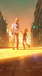 Rule 34 | 2boys, absurdres, blonde hair, brothers, building, city, city lights, glasses, holding hands, highres, julius will kresnik, ludger will kresnik, male focus, meipu hm, multiple boys, outdoors, pants, shade, shirt, shoes, shorts, siblings, silver hair, standing, tales of (series), tales of xillia, tales of xillia 2, vest