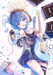 Rule 34 | 1girl, absurdres, amplifier, beret, black camisole, black choker, black skirt, blue eyes, blue hair, camisole, cd case, chain, choker, commentary, commentary request, electric guitar, english commentary, esp guitars, gloves, guitar, hat, highres, holding, holding instrument, hololive, hoshimachi suisei, hoshimachi suisei (1st costume), instrument, jacket, long hair, looking at viewer, lying, marshall, mixed-language commentary, on back, open mouth, partially fingerless gloves, plaid, plaid jacket, pleated skirt, plectrum, pota ken, sheet music, side ponytail, skirt, smile, solo, string, string of fate, twitter username, virtual youtuber