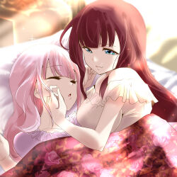 Rule 34 | 2girls, assault lily, bare shoulders, bed, blanket, blue eyes, blunt bangs, blurry, blurry background, breasts, brown hair, closed eyes, closed mouth, day, frilled shirt, frilled sleeves, frills, hair down, hand on another&#039;s cheek, hand on another&#039;s face, hand on own cheek, hand on own face, hands up, head rest, hitotsuyanagi yuri, indoors, kaede johan nouvel, long hair, looking at another, lying, medium breasts, multiple girls, off-shoulder shirt, off shoulder, on back, on bed, on side, parted lips, pillow, pink hair, purple shirt, shirt, short sleeves, side-by-side, sidelocks, smile, sparkle, sunlight, under covers, urutsu sahari, white shirt, yuri
