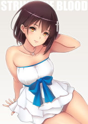 Rule 34 | 10s, 1girl, arm support, bare shoulders, blush, brown eyes, brown hair, collarbone, copyright name, cowboy shot, cross, dress, evening gown, grey background, hair ornament, hairclip, himeragi yukina, jewelry, latin cross, lintanghaseo, looking at viewer, necklace, pendant, short hair, simple background, smile, solo, strike the blood, thigh gap