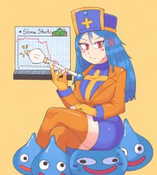 Rule 34 | 1girl, anger vein, angry, aqua hair, bad tag, blue hair, blue skirt, blue sleeve cuffs, blue sweater, blue wrist cuffs, blush, breasts, chart, cross, cross print, crossed legs, dragon quest, dragon quest iii, fingerless gloves, formal, furrowed brow, gloves, graph, graph (object), green hood, hat, highres, holding, holding weapon, hood, jacket, kandar, large breasts, long hair, looking at viewer, mace, mitre, office, office lady, open mouth, orange jacket, orange thighhighs, pencil skirt, priest (dq3), print headwear, raflcoopter, red eyes, ribbed sweater, simple background, sitting, sitting on animal, sitting on person, skirt, slime (creature), slime (dragon quest), smile, solo, stocks, suit, sweatdrop, sweater, thighhighs, turtleneck, turtleneck sweater, weapon, wide-eyed, wrist cuffs, yellow gloves, zettai ryouiki
