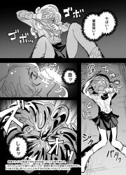 Rule 34 | 1girl, asphyxiation, bow, bowtie, comic, commentary request, dress shirt, flailing, greyscale, highres, long sleeves, lying, mado (mukade tou), monochrome, motion blur, motion lines, on back, on floor, original, peril, pleated skirt, scared, school uniform, shirt, shirt tucked in, skirt, slime (creature), socks, solo, translation request, wide-eyed