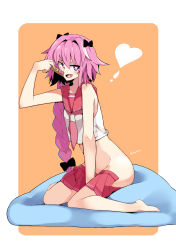 Rule 34 | 1boy, :d, absurdres, adapted uniform, ass, astolfo (fate), astolfo (sailor paladin) (fate), bare arms, bare legs, bare shoulders, barefoot, between legs, black bow, blush, border, bow, braid, clothes pull, collarbone, commentary, condom, condom wrapper, crop top, cushion, fang, fate/apocrypha, fate/grand order, fate (series), from side, full body, furrowed brow, hair between eyes, hair bow, hair intakes, half-closed eyes, hand between legs, hand up, heart, heart-shaped pupils, highres, holding, kion-kun, long hair, looking at viewer, looking to the side, male focus, miniskirt, mousetrap, multicolored hair, naughty face, neckerchief, no panties, official alternate costume, open clothes, open mouth, open skirt, orange background, outside border, pink hair, pink neckerchief, pleated skirt, purple eyes, red sailor collar, red skirt, rounded corners, sailor collar, school uniform, serafuku, shirt, simple background, single braid, sitting, skirt, skirt pull, sleeveless, sleeveless shirt, smile, solo, stomach, streaked hair, symbol-shaped pupils, trap, twitter username, unzipped, very long hair, wariza, white border, white hair, white shirt