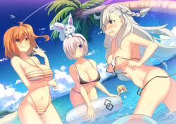 Rule 34 | 4girls, :o, ahoge, alternate costume, animal, animal on head, arched back, artoria pendragon (all), artoria pendragon (fate), ball, bare arms, beach, beachball, bent over, bikini, black bikini, blonde hair, blue sky, blush, braid, breast hold, breasts, closed mouth, cloud, cloudy sky, contrail, covering breasts, covering own mouth, covering privates, cowboy shot, day, dutch angle, eyes visible through hair, fate/grand order, fate (series), fou (fate), fujimaru ritsuka (female), fujimaru ritsuka (female) (brilliant summer), grey hair, hair over one eye, halterneck, highleg, highleg bikini, innertube, large breasts, lens flare, long hair, looking at viewer, mash kyrielight, mouth hold, multiple girls, navel, ocean, official alternate costume, olga marie animusphere, on head, one eye covered, one side up, open mouth, orange hair, outdoors, palm tree, partially submerged, profile, saber (fate), shore, short hair, side braid, single braid, sky, smile, sparkle, standing, stomach, string bikini, striped bikini, striped clothes, summer, swim ring, swimsuit, thigh gap, tree, underboob, untied bikini, ureshiijelek, wading, wardrobe malfunction, white bikini, yellow eyes