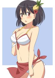 Rule 34 | 10s, 1girl, alternate costume, bikini, black hair, breasts, cleavage, cowboy shot, female focus, flower, food, food-themed hair ornament, fruit, hair flower, hair ornament, hibiscus, kantai collection, large breasts, navel, outside border, pineapple, red eyes, sarong, shimouki izui, short hair, simple background, solo, swimsuit, white bikini, yamashiro (kancolle)