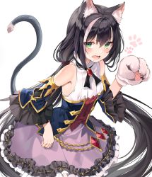 Rule 34 | 1girl, absurdres, animal ear fluff, animal ears, animal hands, blush, buri (retty9349), cat ears, cat girl, cat tail, detached sleeves, fang, gloves, green eyes, hand up, highres, karyl (princess connect!), long hair, low twintails, multicolored hair, paw gloves, princess connect!, purple skirt, simple background, skirt, solo, streaked hair, tail, teeth, twintails, very long hair, white background, white hair