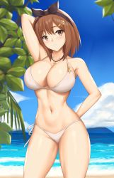 Rule 34 | 1girl, arcie albano, arm behind head, arm up, armpits, atelier (series), atelier ryza, atelier ryza 1, bare shoulders, beach, bikini, blue sky, blush, braid, breasts, brown eyes, brown hair, cleavage, collarbone, day, hairband, highres, jewelry, key, large breasts, looking at viewer, navel, necklace, open mouth, outdoors, reisalin stout, shore, short hair, side braid, sky, smile, solo, swimsuit, thighs