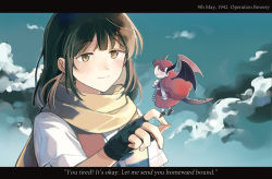 Rule 34 | 2girls, aircraft, aircraft carrier, airplane, black gloves, brown eyes, brown hair, dragon girl, dragon horns, dragon tail, dragon wings, dress, english text, fingerless gloves, gloves, highres, horns, letterboxed, long hair, mecha musume, medium hair, military, military vehicle, mini person, minigirl, multiple girls, original, personification, red dress, red hair, scarf, ship, shirt, short sleeves, size difference, solid oval eyes, supermarine spitfire, tail, uss wasp (cv-7), warship, watercraft, white shirt, wings, yellow scarf, yorktown cv-5