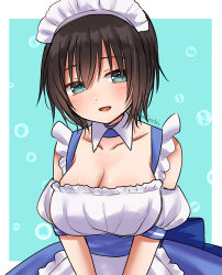Rule 34 | 1girl, alternate costume, aoi erika, artist name, black hair, blush, breasts, bubble, cleavage, collar, collarbone, detached collar, enmaided, green eyes, heaven burns red, large breasts, looking at viewer, maid, maid headdress, micchi (koto maple), open mouth, short hair, solo, upper body, white collar