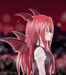 Rule 34 | 1girl, :o, bat wings, blush, breasts, collared shirt, dress shirt, hair over breasts, head wings, juliet sleeves, koakuma, lake, light particles, long hair, long sleeves, necktie, night, night sky, outline, profile, puffy sleeves, red eyes, red hair, red theme, reflection, reimei (r758120518), shirt, sky, solo, touhou, vest, white shirt, wings
