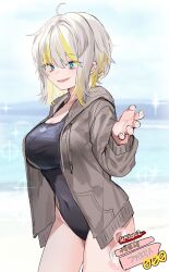 Rule 34 | 1girl, beach, blonde hair, blue eyes, brown hoodie, competition swimsuit, cowboy shot, faust (project moon), grey hair, highres, hood, hoodie, limbus company, looking at viewer, medium hair, migishita, multicolored hair, one-piece swimsuit, open clothes, open hoodie, project moon, solo, swimsuit, thighs, two-tone hair