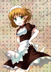 Rule 34 | 1girl, alternate costume, apron, blonde hair, brown dress, dress, english text, female focus, green eyes, hands on own hips, highres, ikamagu, looking at viewer, maid, maid apron, maid headdress, mizuhashi parsee, pointy ears, solo, touhou, waist apron