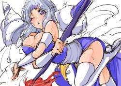 Rule 34 | 1990s (style), 1girl, blue eyes, boots, breasts, cecil harvey, final fantasy, final fantasy iv, gender request, genderswap, grey hair, headband, large breasts, suikamaru, thigh boots, thighhighs, weapon, wink