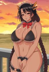 Rule 34 | 1girl, allgreen, animated, bikini, black hair, black wyrm (last origin), blinking, blush, bow, braid, breasts, c-string, choker, cleavage, curvy, earrings, hoop earrings, huge breasts, jewelry, last origin, long hair, looking at viewer, maid headdress, navel, parted lips, red bow, red eyes, solo, standing, strapless bottom, sunset, swimsuit, thick thighs, thighs, twin braids, ugoira, very long hair, video, wide hips