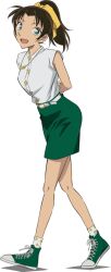 1girl :d arms_behind_back belt belt_buckle brown_hair buckle from_side full_body green_eyes green_footwear green_skirt hair_ribbon high_ponytail jewelry long_hair looking_at_viewer meitantei_conan miniskirt necklace open_mouth pencil_skirt ribbon shirt short_hair simple_background skirt smile socks solo standing star_(symbol) star_necklace tooyama_kazuha transparent_background white_belt white_shirt white_socks yellow_ribbon