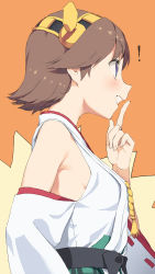 Rule 34 | !, 10s, 1girl, aida takanobu, armpits, blue eyes, blush, bow, breasts, brown hair, detached sleeves, finger to mouth, from side, grin, headgear, hiei (kancolle), kantai collection, nontraditional miko, orange background, profile, short hair, simple background, smile, solo, upper body, waist bow