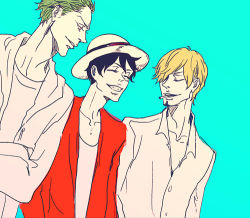 Rule 34 | 3boys, black hair, blonde hair, blue background, color background, crossed arms, green hair, hair over one eye, hat, hood, hoodie, lowres, male focus, monkey d. luffy, multiple boys, one piece, red shirt, roronoa zoro, sanji (one piece), shirt, smile, smoking, spot color, straw hat