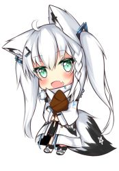 Rule 34 | 1girl, absurdres, ahoge, animal ear fluff, animal ears, blush, braid, chibi, commentary request, fang, fox ears, fox girl, fox tail, fur-trimmed jacket, fur trim, green eyes, hair between eyes, hair ornament, hairclip, highres, holding, hololive, jacket, long hair, long sleeves, looking at viewer, open mouth, oruyanke (shirakami fubuki), pentagram, riberetta, shirakami fubuki, shirakami fubuki (fubukitek), sidelocks, simple background, single braid, skin fang, solo, tail, twintails, virtual youtuber, white background, white hair, white jacket