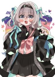 Rule 34 | 1girl, black hairband, black jacket, black skirt, blush, bow, bowtie, cowboy shot, firefly (honkai: star rail), green bow, grey hair, hair between eyes, hair intakes, hair ornament, hairband, highres, honkai: star rail, honkai (series), jacket, long hair, long sleeves, looking at viewer, pink bow, pink bowtie, skirt, sleeves past wrists, smile, white background, zjxqx3k