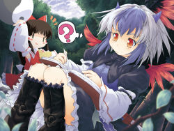 Rule 34 | 2girls, ?, ascot, blouse, book, brown hair, collared shirt, curiosities of lotus asia, detached collar, female focus, forest, hakurei reimu, head wings, highres, horns, knees together feet apart, mini wings, multicolored hair, multiple girls, nature, outdoors, paji, red eyes, red shirt, shirt, short hair, sitting, sleeveless, sleeveless shirt, standing, thighs, tokiko (touhou), touhou, wallpaper, wings, yellow ascot, yin yang, you gonna get raped, | |
