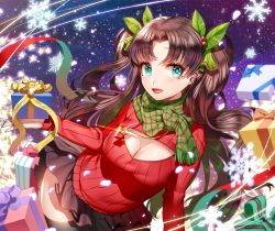 Rule 34 | 1girl, :d, adapted costume, black skirt, black thighhighs, blue eyes, box, breasts, brown hair, christmas, christmas tree, cleavage, eyebrows, fate/stay night, fate (series), female focus, ganik (pisshine), gift, gift box, glowing, hair ribbon, holding, holding gift, jewelry, large breasts, leaf, leaning to the side, lens flare, long hair, long sleeves, looking at viewer, meme attire, miniskirt, night, night sky, open-chest sweater, open mouth, palms, parted bangs, pendant, plaid, plaid scarf, pleated skirt, red ribbon, ribbed sweater, ribbon, scarf, skirt, sky, smile, snowflakes, snowing, solo, sparkle, star (sky), sweater, thighhighs, tohsaka rin, two side up, upskirt, very long hair