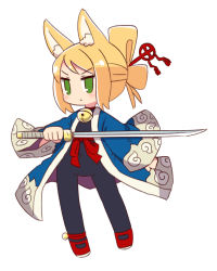 Rule 34 | 1girl, 7th dragon, 7th dragon (series), animal ear fluff, animal ears, bell, black bodysuit, blonde hair, blush, bodysuit, closed mouth, commentary request, full body, green eyes, highres, holding, holding sword, holding weapon, jingle bell, katana, long sleeves, looking away, naga u, namuna (7th dragon), open clothes, red footwear, samurai (7th dragon), samurai (7th dragon), shoes, simple background, solo, standing, sword, v-shaped eyebrows, weapon, white background, wide sleeves