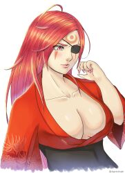 Rule 34 | 1girl, absurdres, baiken, blush, breasts, cleavage, collarbone, dagremcdougler, dress, eyelashes, eyepatch, facial tattoo, guilty gear, guilty gear strive, highres, japanese clothes, kimono, large breasts, lips, long hair, long sleeves, low neckline, mature female, nail polish, no bra, open clothes, open kimono, pale skin, pink eyes, pink nails, print kimono, red dress, red eyes, red hair, red kimono, solo, tattoo, upper body, white background