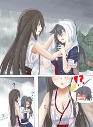 Rule 34 | !?, 10s, 2girls, ?, absurdres, ahoge, alternate hairstyle, black hair, black serafuku, blue eyes, blush, breasts, brown eyes, check commentary, cleavage, comic, commentary request, expressive hair, faceless, faceless female, hair flaps, haruna (kancolle), head out of frame, highres, japanese clothes, kantai collection, long hair, multiple girls, namikawa kuroha, necktie, one eye closed, pleated skirt, rain, remodel (kantai collection), sarashi, school uniform, serafuku, shigure (kancolle), signature, skirt, sleeveless, steam, twitter username, wet, wet clothes, wet hair, yuri