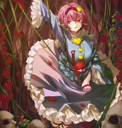 Rule 34 | 1girl, arm up, blood, blood on clothes, entangled, eredhen, eyeball, hairband, heart, komeiji satori, long sleeves, looking at viewer, md5 mismatch, messy hair, pink eyes, pink hair, plant, revision, shirt, skirt, skull, solo, third eye, touhou, vines, wide sleeves