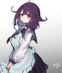 Rule 34 | 1girl, after suko, ahoge, apron, blue sailor collar, frilled apron, frills, gradient background, hair between eyes, hair flaps, kantai collection, long hair, long sleeves, low twintails, neckerchief, one-hour drawing challenge, parted lips, purple hair, red eyes, red neckerchief, sailor collar, school uniform, serafuku, simple background, sketch, solo, taigei (kancolle), twintails, white apron