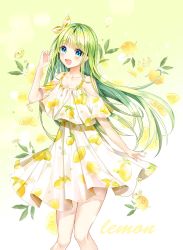 Rule 34 | 1girl, :d, bad id, bad pixiv id, blue eyes, blush, breasts, cleavage, clothing cutout, collarbone, commentary, dress, english commentary, english text, fang, food, fruit, green hair, hair ribbon, hand up, highres, lemon, lemon print, lemon slice, long hair, looking at viewer, medium breasts, open mouth, original, pleated dress, print dress, ribbon, seno (senohime), shoulder cutout, smile, solo, very long hair, white dress, white ribbon