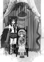 Rule 34 | 3girls, arm cannon, bad id, bad pixiv id, bird wings, bow, cape, chair, crying, crying with eyes open, eyeball, floral print, frills, frown, full body, greyscale, hair bow, hairband, hat, hat bow, hat ribbon, heart, heart of string, highres, komeiji koishi, komeiji satori, long hair, long sleeves, monochrome, multiple girls, niiko (gonnzou), puffy short sleeves, puffy sleeves, reiuji utsuho, ribbon, shirt, short hair, short sleeves, siblings, sisters, sitting, skirt, slippers, standing, streaming tears, tears, third eye, touhou, weapon, wide sleeves, wings
