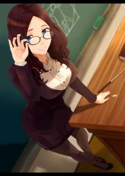 Rule 34 | 1girl, adjusting eyewear, alternate costume, blue eyes, breasts, brown hair, chalk, chalkboard, desk, fate/grand order, fate (series), formal, glasses, highres, hip focus, hsin, jewelry, large breasts, leaning forward, legs, leonardo da vinci (fate), letterboxed, long hair, looking at viewer, necklace, pantyhose, pointer, saint quartz (fate), skirt, smile, solo, teacher, thighs, wavy hair