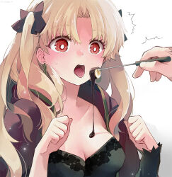 Rule 34 | 1girl, azumi (myameco), black dress, blonde hair, breasts, cape, chocolate, chocolate on body, chocolate on breasts, cleavage, commentary request, dress, ereshkigal (fate), fate/grand order, fate (series), food on body, hair ribbon, holding, incoming food, long hair, medium breasts, open mouth, out of frame, parted bangs, red cape, red eyes, red ribbon, ribbon, simple background, single sleeve, sweatdrop, two side up, very long hair, white background