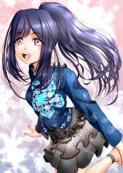 Rule 34 | 1girl, absurdres, blue hair, highres, long hair, long sleeves, looking at viewer, love live!, love live! sunshine!!, matsuura kanan, minami saan, open mouth, ponytail, purple eyes, smile, solo